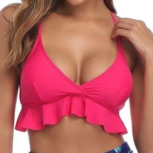 Tempt Me Ruffled V Neck Cross Back Bikini Top Hot Pink NWT